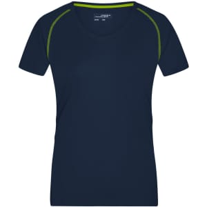 A navy blue women's sports T-shirt featuring contrasting green accents and a logo on the label.