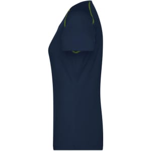A navy blue ladies sports T-shirt with green accent stitching, featuring a fitted design and short sleeves.