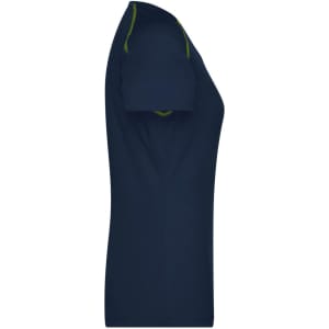 A navy blue ladies sports T-shirt with short sleeves and contrasting trim. The shirt features a logo on the design.