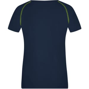 A navy blue ladies sports T-shirt featuring green accents on the shoulder seams. The shirt has a fitted design and a plain back.