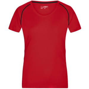 A red ladies sports T-shirt featuring a rounded neckline and contrasting trim. It includes a logo.