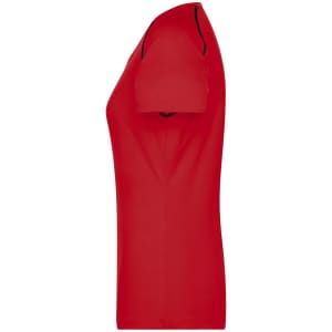 A red ladies sports T-shirt with short sleeves and a sleek design, featuring a logo on one side.