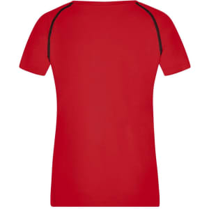 A red ladies sports T-shirt with short sleeves and a simple design. It features contrasting seams and a logo.