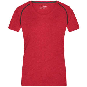 A red ladies sports T-shirt with contrasting black accents and a crew neckline. It features a logo on the front.