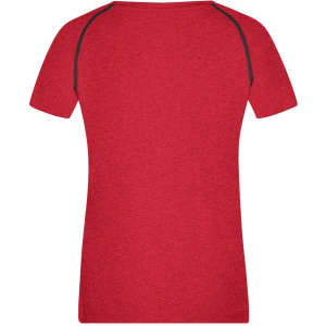 A red ladies sports T-shirt with short sleeves and a contrast neckline. Features a logo.