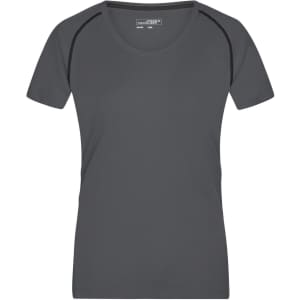A grey ladies sports T-shirt featuring short sleeves and seams, with a small logo on the label.