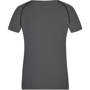 A grey ladies sports T-shirt with short sleeves and contrasting stitching, featuring a logo on the back.