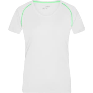 A white ladies sports T-shirt featuring green accents along the seams and a logo on the front.