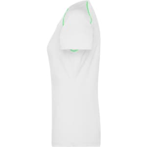 A white ladies sports T-shirt with green detailing on the shoulder seams and a fitted design.
