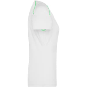 A white ladies sports T-shirt with green detailing, featuring a fitted design and short sleeves.