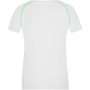 A white sports t-shirt with green accents on the shoulders. The design features a logo.
