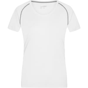 A white ladies sports T-shirt with a simple design and grey detailing along the shoulders. It features a logo.