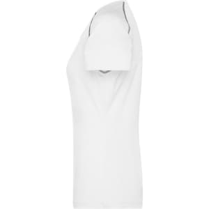 A white ladies sports T-shirt with a fitted design and a logo on the side.