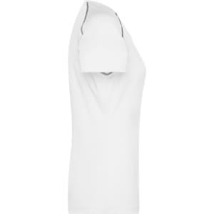 A white ladies' sports T-shirt with a V-neck design and short sleeves, featuring a logo.