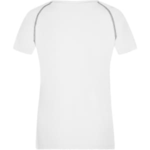 A white ladies sports T-shirt featuring a simple design with contrasting stitching. It has a standard crew neck and short sleeves.