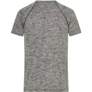 A grey men's sports T-shirt with a textured finish and a logo on the back.