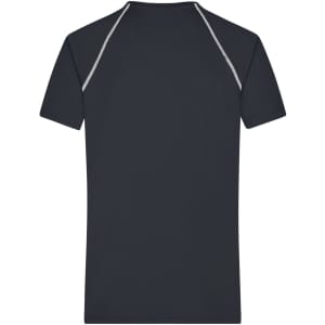 A black men's sports t-shirt with contrasting grey detailing, featuring a logo on the back.