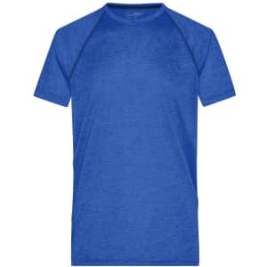 A blue men's sports T-shirt with a crew neck and raglan sleeves, featuring a logo on the front.
