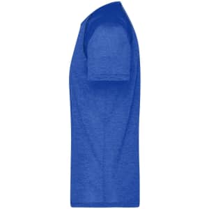 A blue men's sports t-shirt with short sleeves, featuring a simple design and a branding logo.