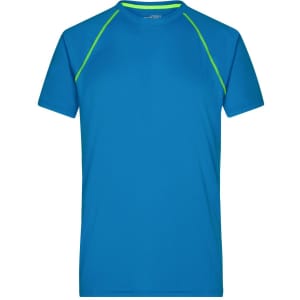 A blue men's sports t-shirt with green accents and a logo on the front. Short sleeves and a round neckline.