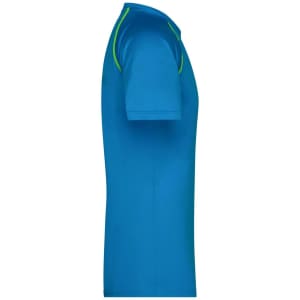 A men's sports t-shirt in vibrant blue with green accents, featuring a fitted short-sleeve design and a logo.