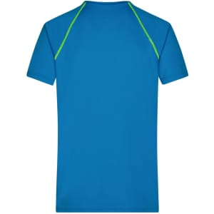 A men's sports t-shirt in blue with green accents, featuring a logo on the back.