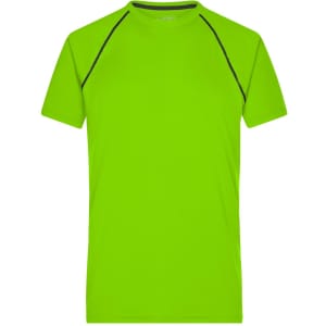 A men's sports T-shirt in bright green with black detailing, featuring short sleeves and a crew neck design.