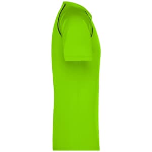 A men's sports T-shirt in vibrant lime green with contrasting black trim and a logo.