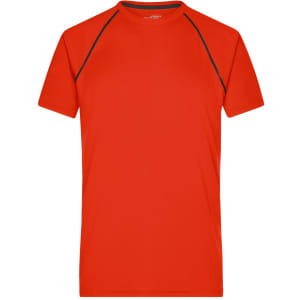 A red men's sports T-shirt with contrasting seams and a simple design. It features a logo on the side.