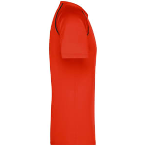 A red men's sports t-shirt with short sleeves and black detailing, featuring a logo on the side.