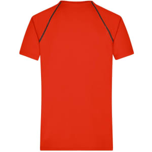 A red men's sports t-shirt featuring a sleek design and contrasting stitching. It has a logo on the back.