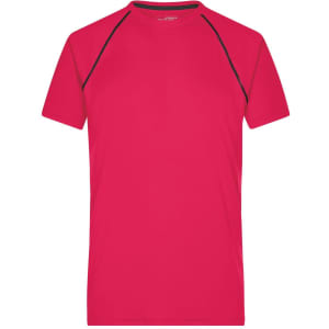 A red men's sports T-shirt featuring black accents and a logo. It has a classic crew neckline and short sleeves.