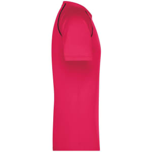 A red men's sports T-shirt features short sleeves and a sleek design with a contrasting trim.