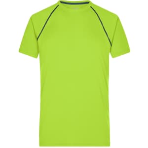 A lime green men's sports t-shirt with a dark blue accent along the seams and a small logo on the front.