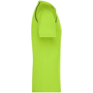 A men's sports T-shirt in bright green with contrasting trim and a logo. Side view displayed.