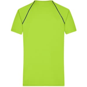 A bright lime green men's sports T-shirt with a fitted design and contrasting stitching.