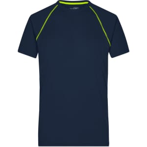 A men's sports T-shirt in navy blue with lime green accents and a branding logo on the neckline.