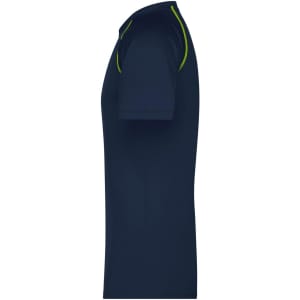 A navy men's sports T-shirt with a fitted design and green accents on the shoulders. Features a logo on the chest.