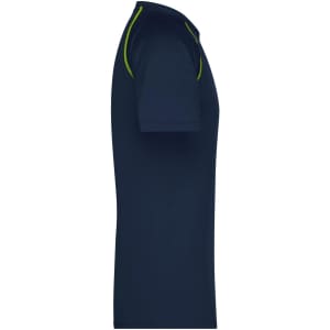 A men's sports T-shirt in navy blue with green detailing along the collar, featuring a logo.