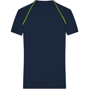 A navy men's sports t-shirt featuring green accents on the seams and a logo on the back.