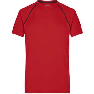 A red men's sports t-shirt featuring black accents and a logo. Suitable for active wear.