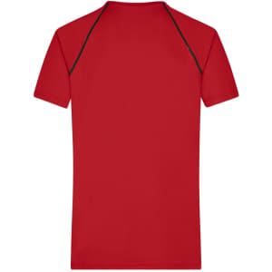 A red men's sports t-shirt with a plain design and contrasting seams at the shoulders. It features a logo.