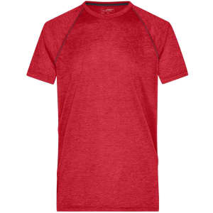 A red men's sports T-shirt with raglan sleeves and a branded logo.