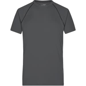 A grey men's sports T-shirt with short sleeves and a logo on the neckline.