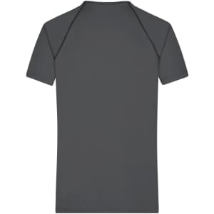 A grey men's sports t-shirt with a raglan sleeve design and a logo on the back.