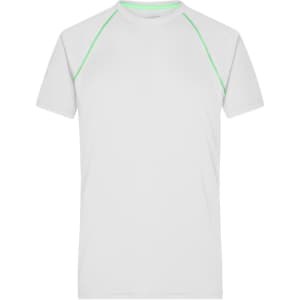A white men's sports t-shirt featuring green accents and a logo. Short-sleeved design with a crew neck.