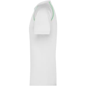 A white men's sports t-shirt featuring green trim along the shoulders, with a logo on the front.