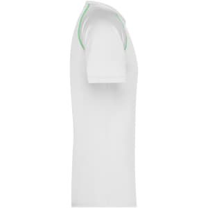 A white men's sports t-shirt with green accents, featuring short sleeves and a fitted design. It has a branding logo.