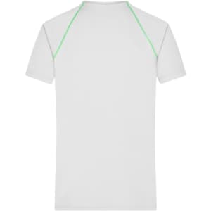 A white men's sports t-shirt featuring light green detailing and a logo on the back.