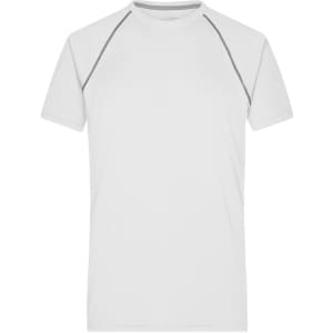 A white men's sports T-shirt with grey detailing and a logo on the chest. Short sleeves and a round neckline.